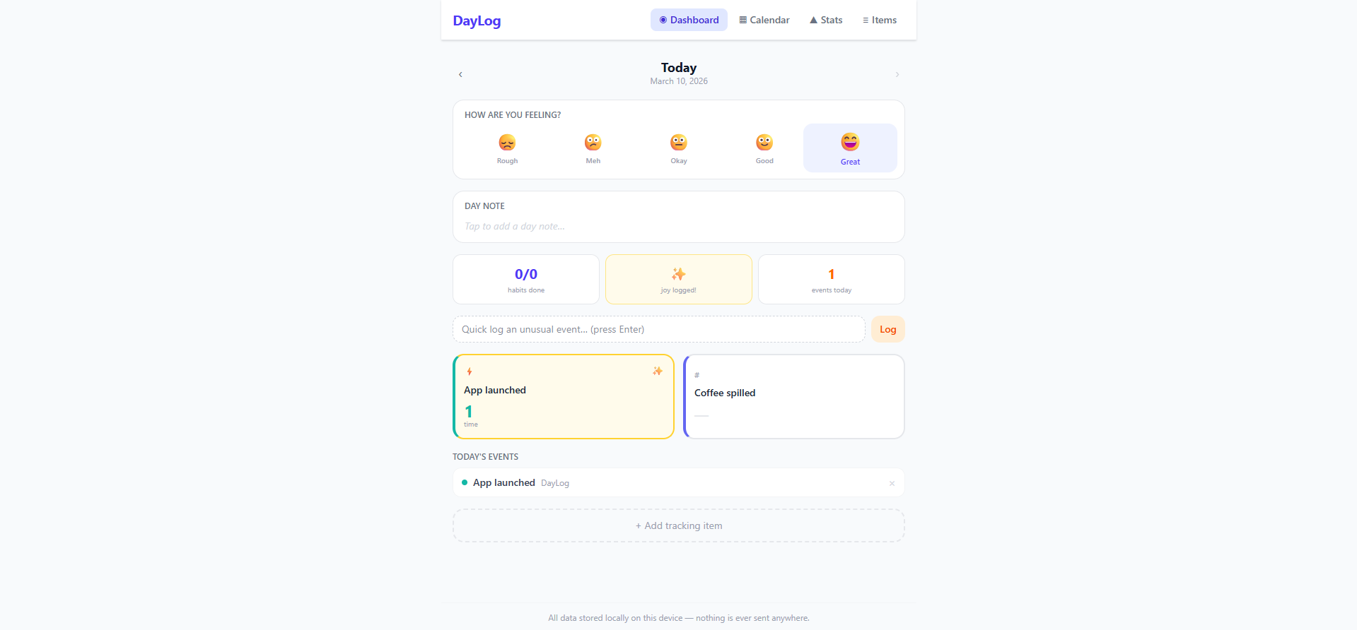 DayLog dashboard screenshot